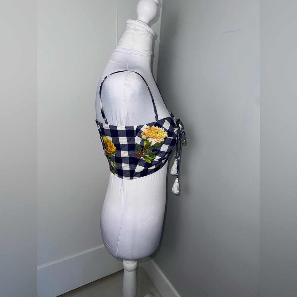 Cara Cara Ruched Sweetheart Cotton Crop Top Gingham Floral Navy/Size XS - Picture 5 of 10